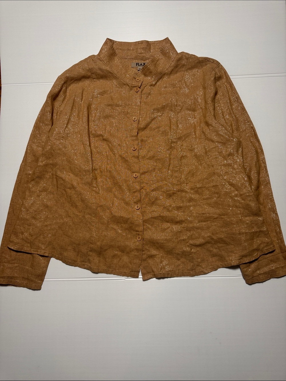FLAX Metallic Tan Shimmer Lightweight Linen Button-Front Jacket Band Collar 2G